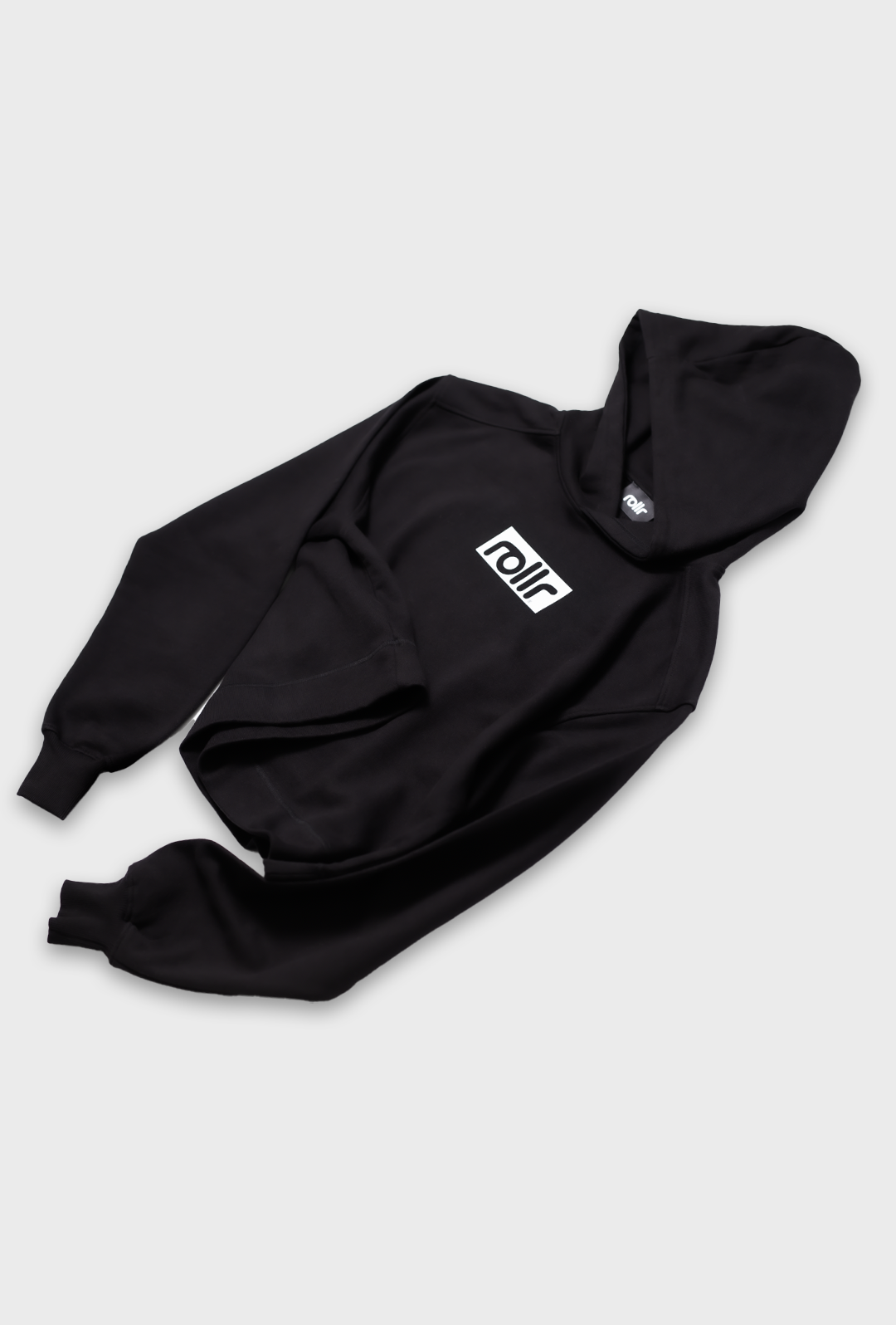 drop shoulder rollr clothing cropped womens midnight black hoodie style that moves tagline and roller print logo