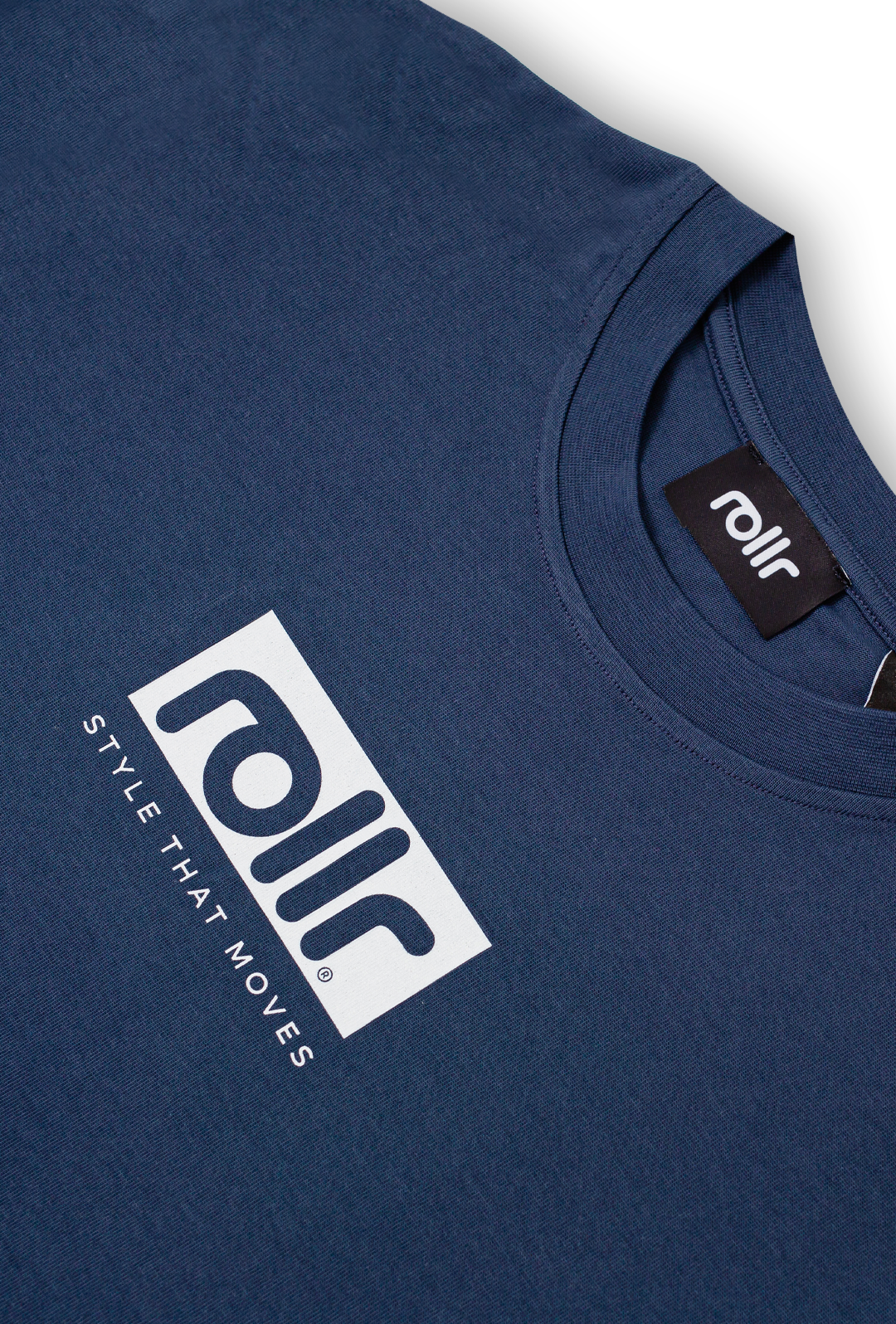 rollr clothing oversized dusk blue tee with rollr logo and black label, 100% organic cotton