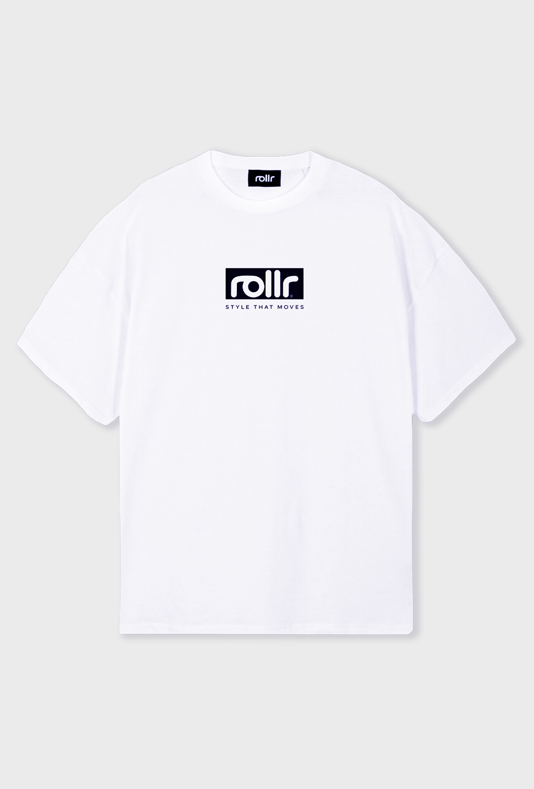roller clothing oversized polar white tshirt with rollr logo and style that mvoes tagline