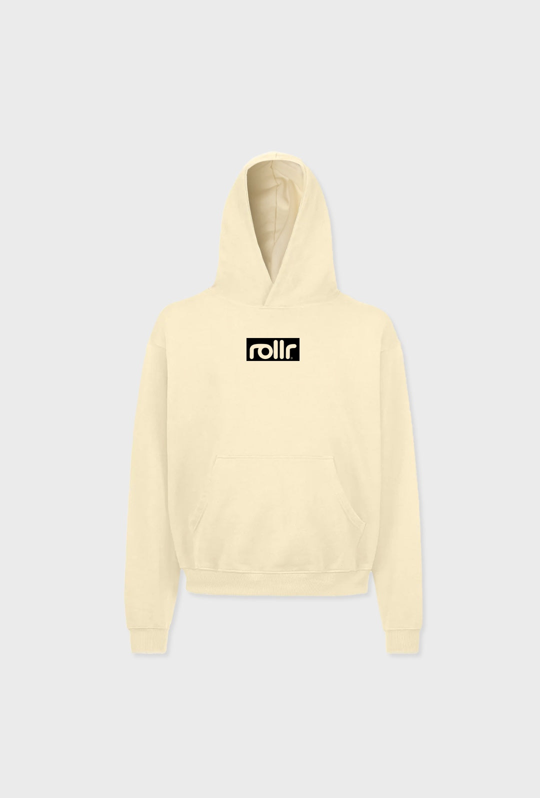 vanilla cream hoodie mens heavyweight hooded sweatshirt made from french terry fabric and rollr logo print and black label with rollr logo