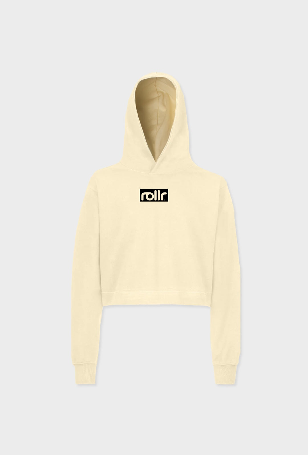 rollr clothing heavyweight vanilla cream box fit hooded sweatshirt for women. french terry fabric 100% organic cotton. made from sustainable fabric with signature rollr box logo. 