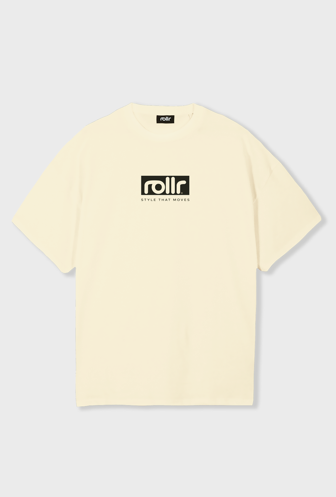 rollr clothing heavyweight vanilla cream box fit tee with rollr logo and style that moves tagline print