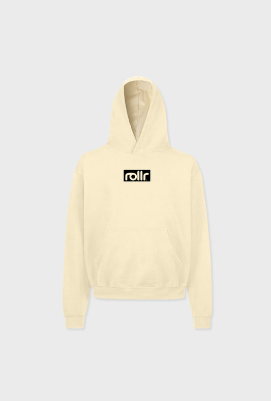 vanilla cream hoodie mens heavyweight hooded sweatshirt made from french terry fabric and rollr logo print and black label with rollr logo